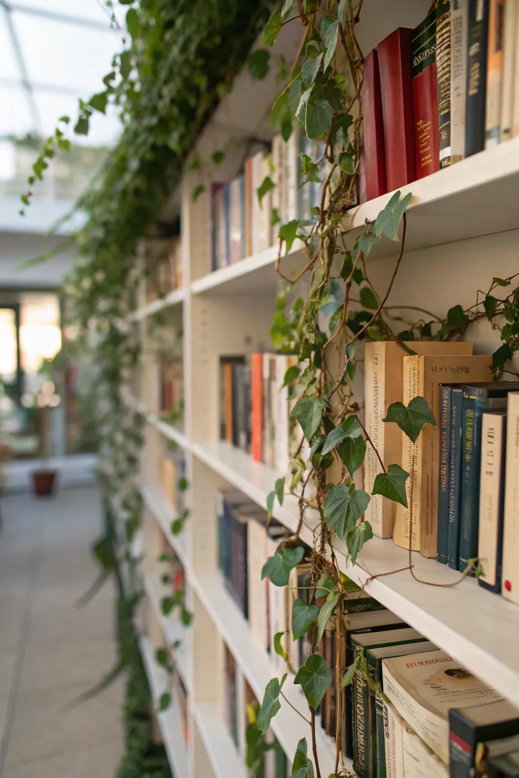 Elevate your shelves by incorporating trailing vines for enhanced texture.