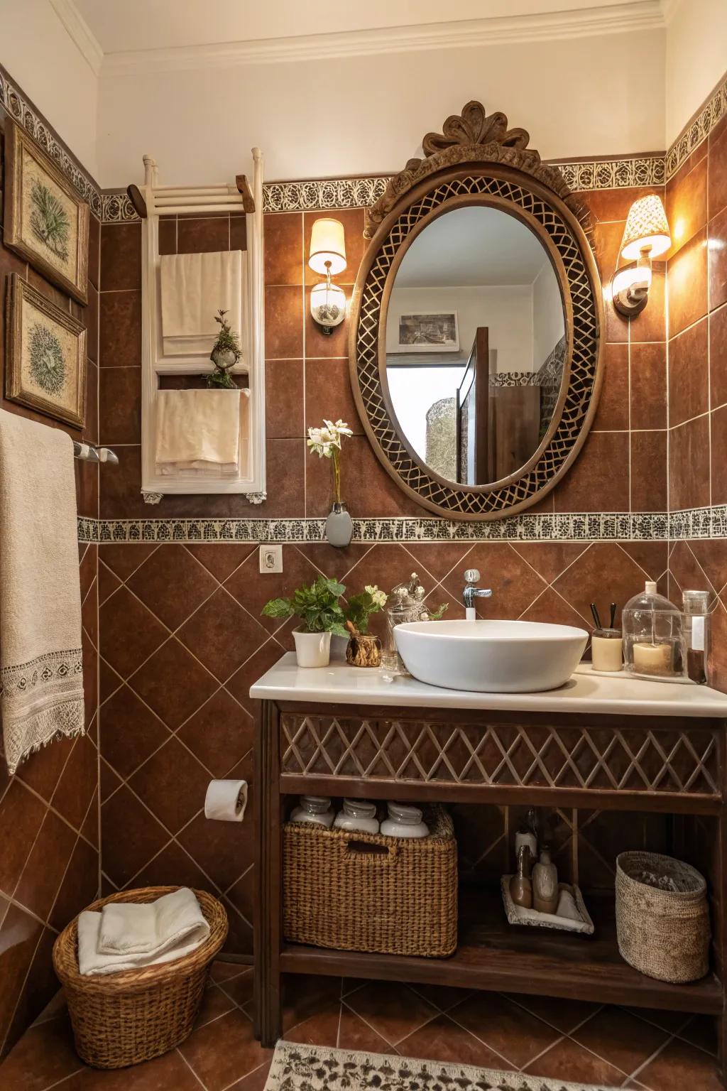 Retro accessories enhance the vintage charm of brown tiles.