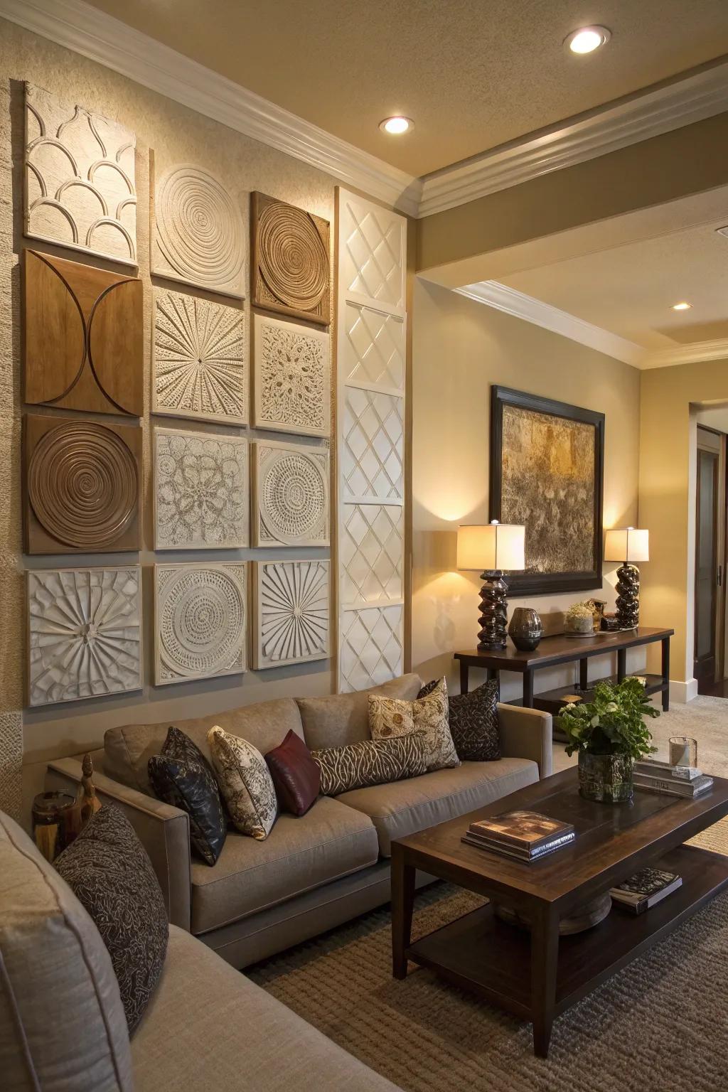 Living room with textural wall art adding depth.