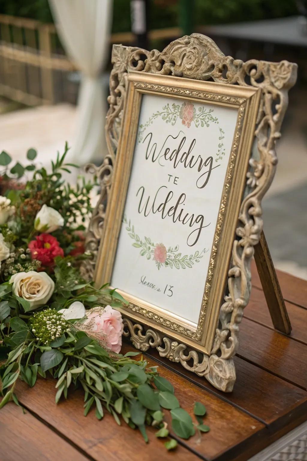 A vintage frame amplifying glamour to wedding signage.