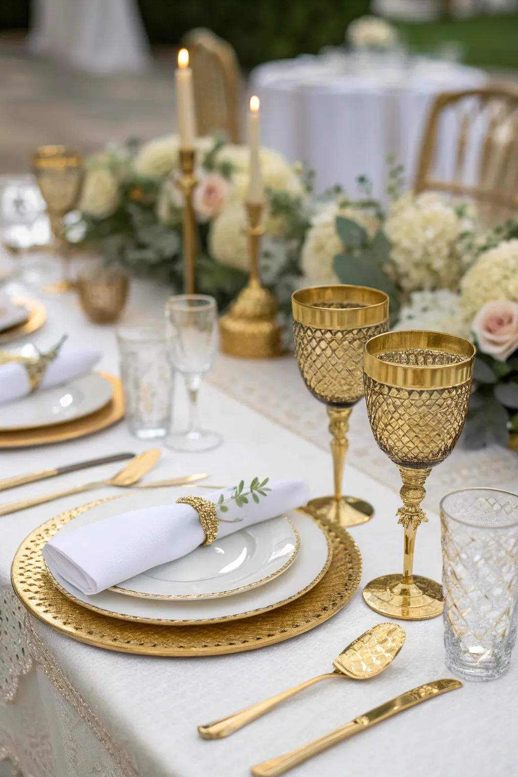 Golden accents add a luxurious touch to wedding table settings.