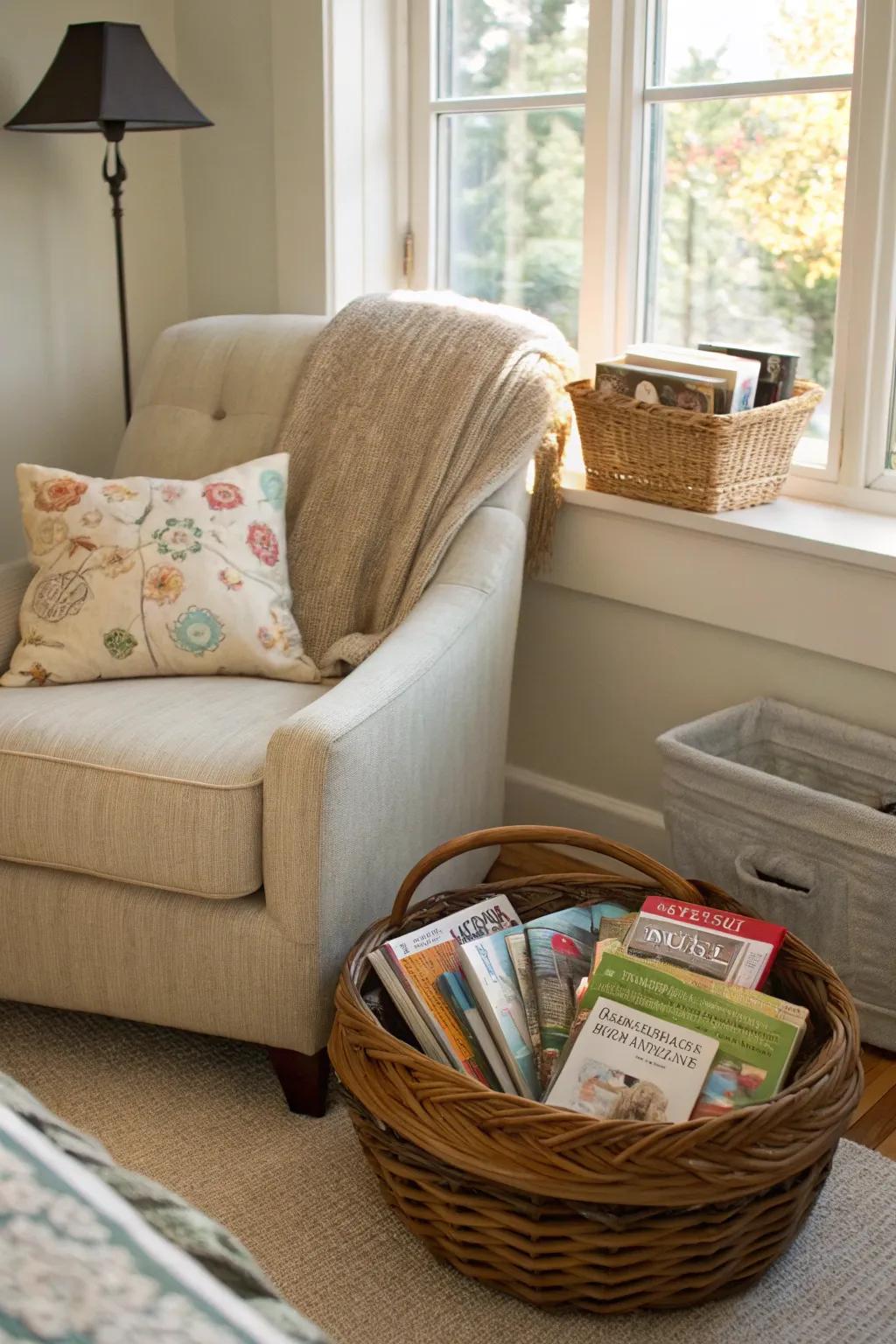 Establish a dedicated space for reading by showcasing your cherished publications in a basket.