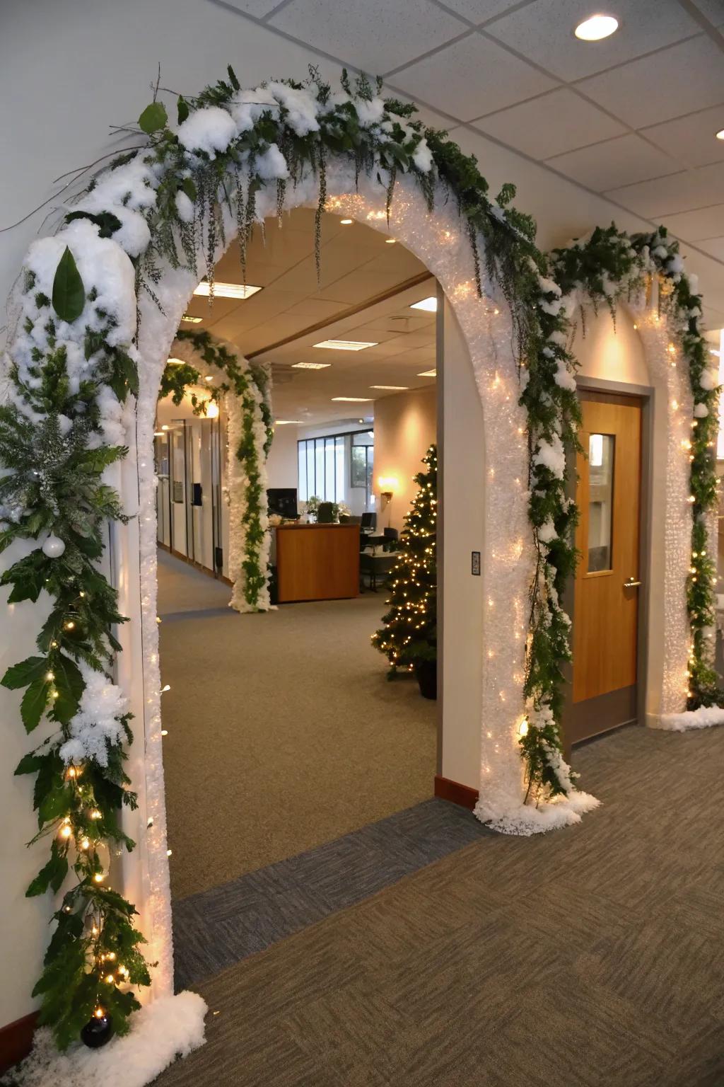 Snowy arches create a welcoming entryway into your winter wonderland office.