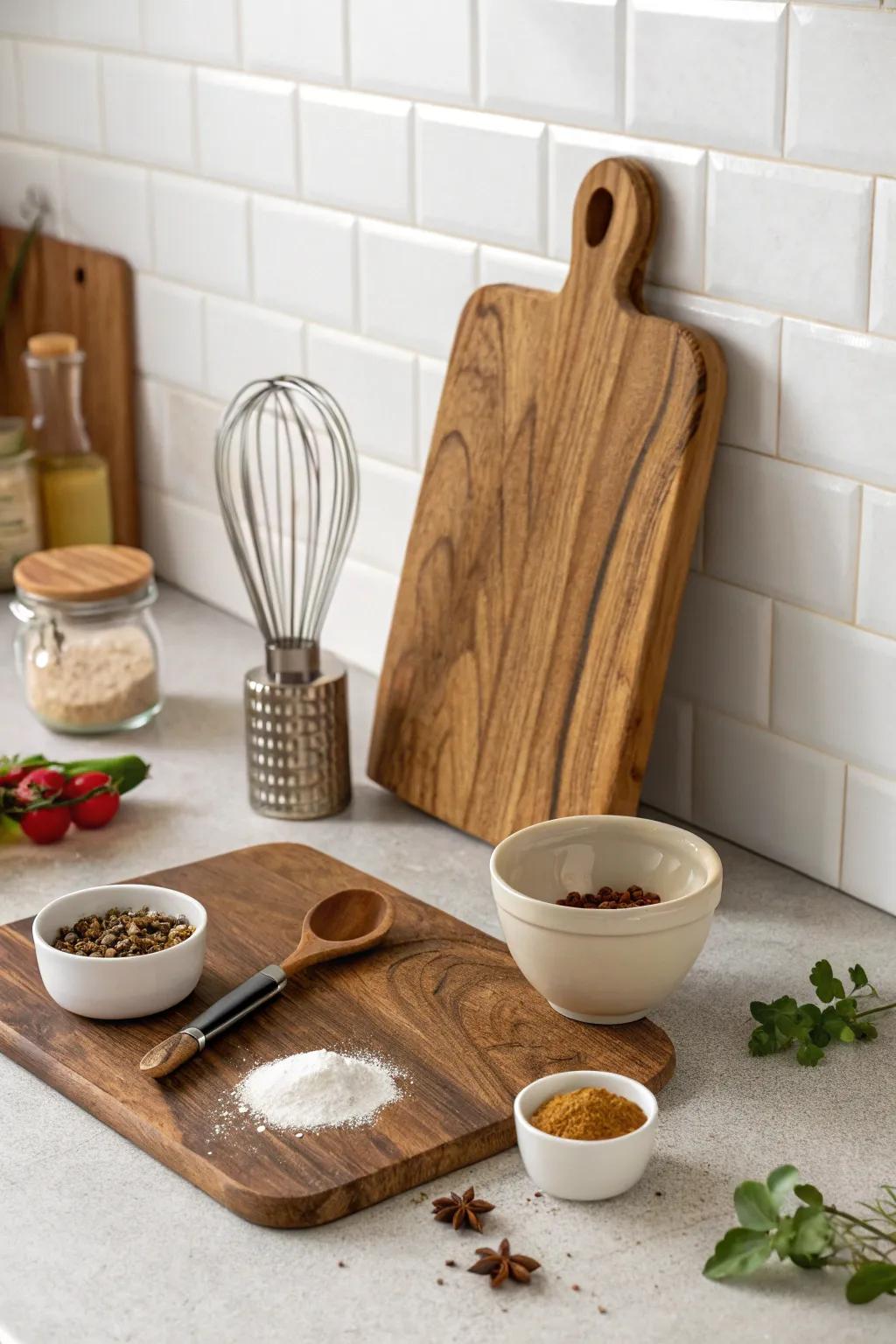 Add dimension to your kitchen with a leaning wooden board.