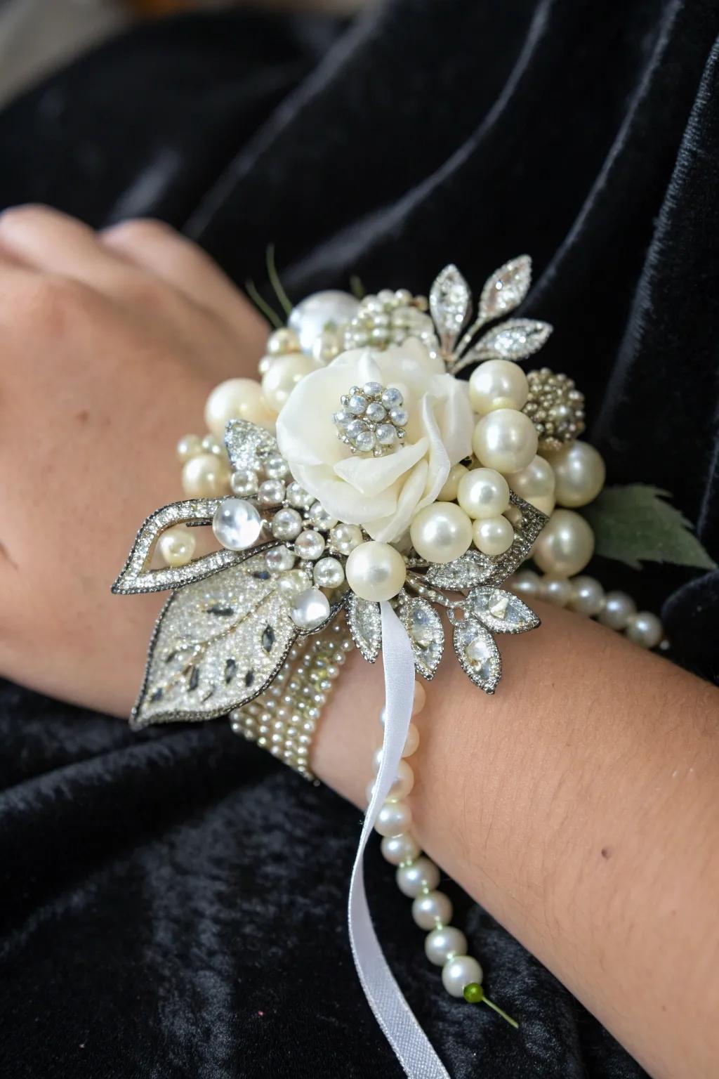 Glamorous wrist corsage with pearls and jewels.