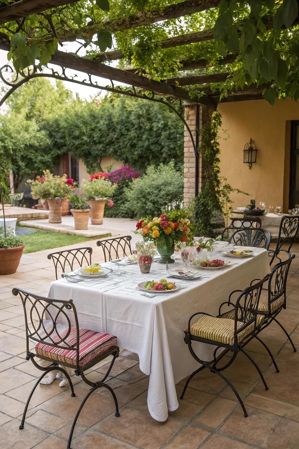 A wrought iron dining set creates an inviting space for outdoor meals.