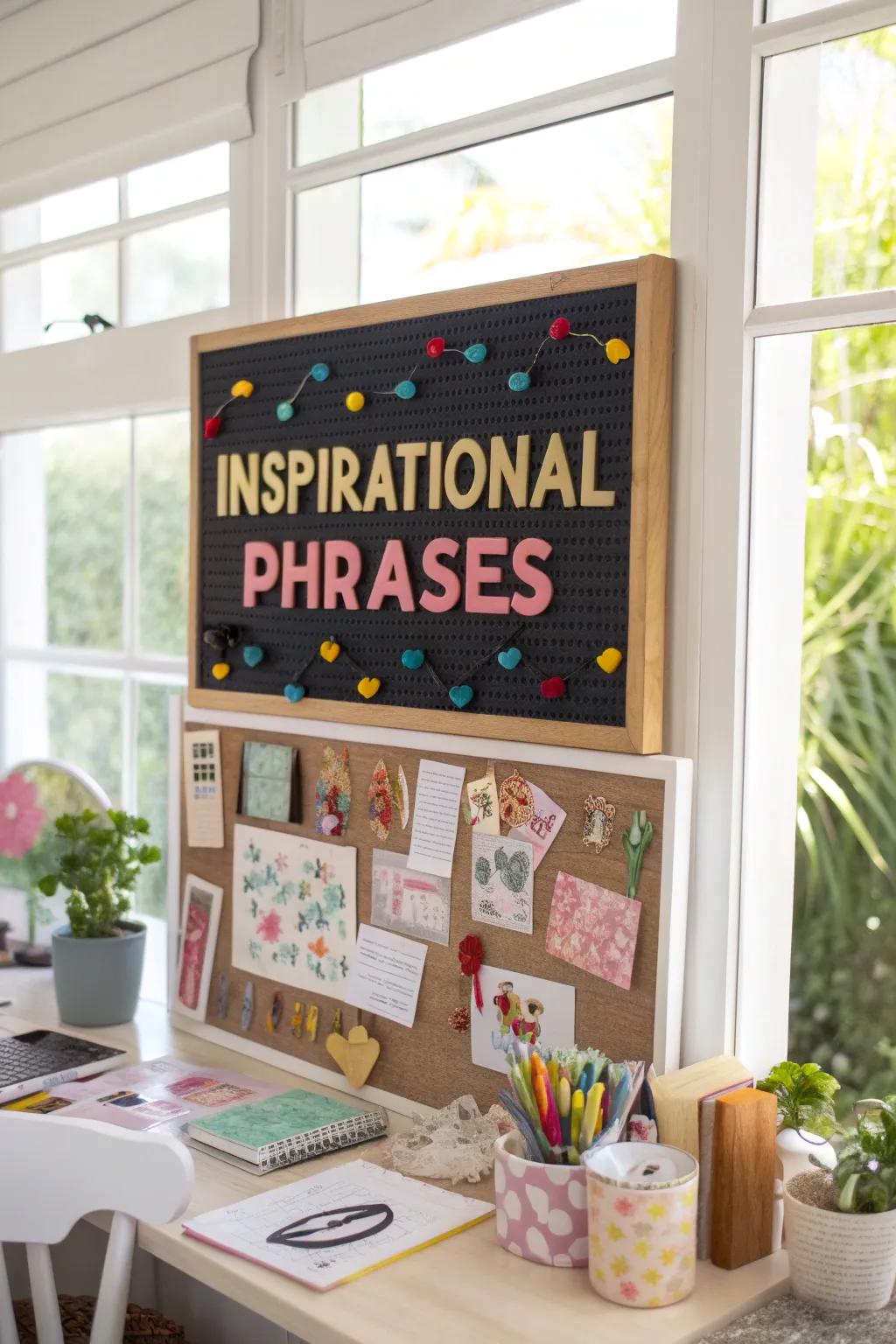 Motivational messages on a pinboard in bold, colorful letters.