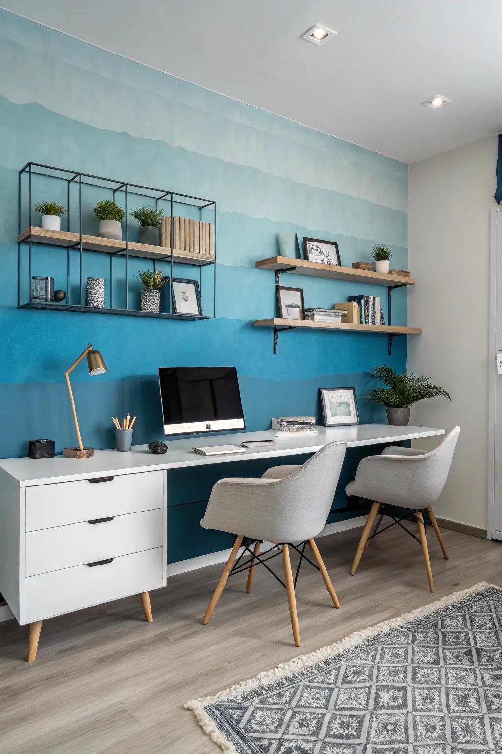 A creative workspace with an inspiring ombre accent wall.