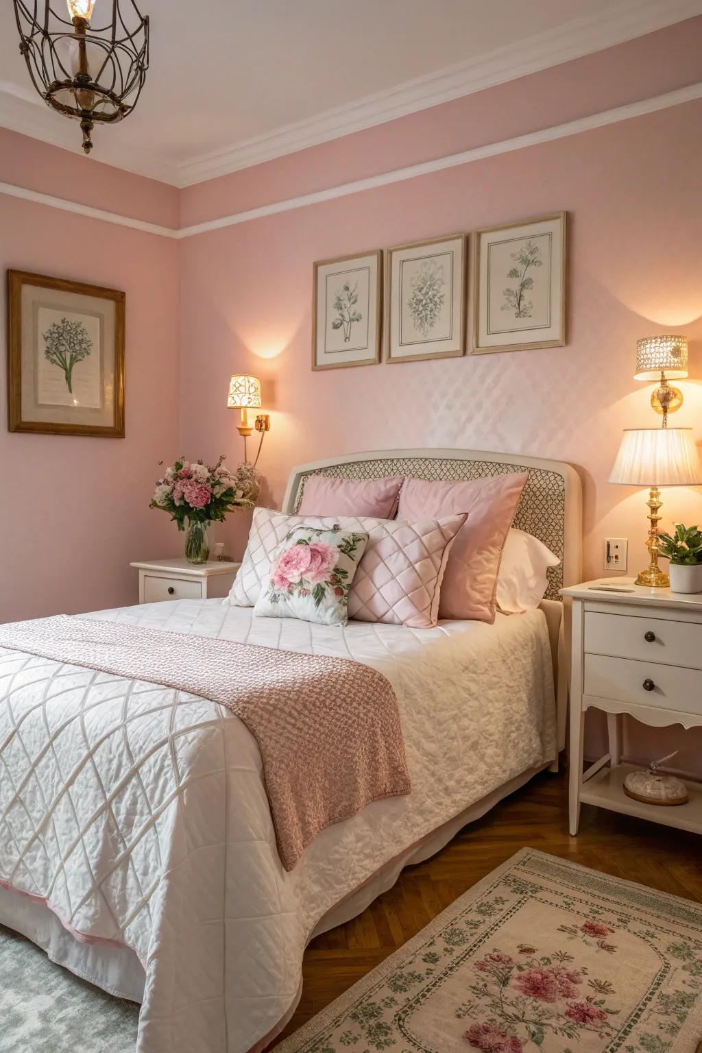 Soft pastels create a calming effect in the guest room.