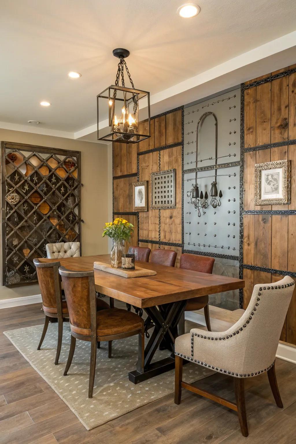 A dining room with an eclectic mix of wood and metal on the accent wall.