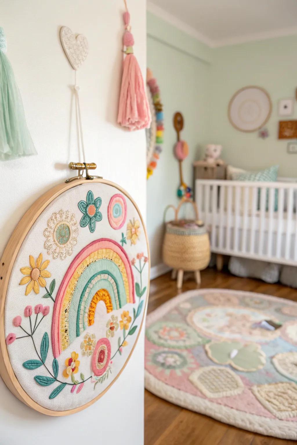 Felt embroidery hoop art that radiates joy and color to any space.