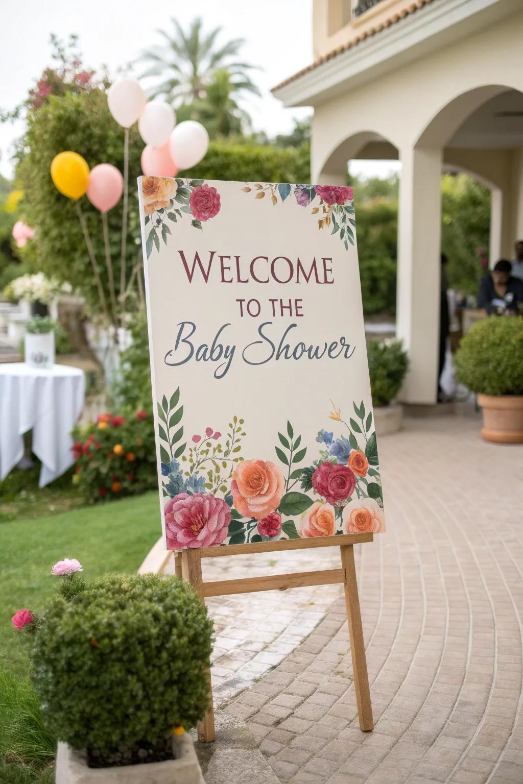 A personalized welcome sign with hand-painted florals warmly greets guests.