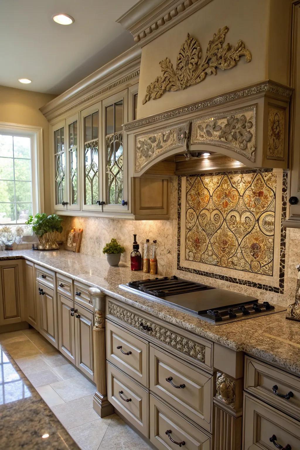 Ornate details bring traditional elegance to granite countertops.