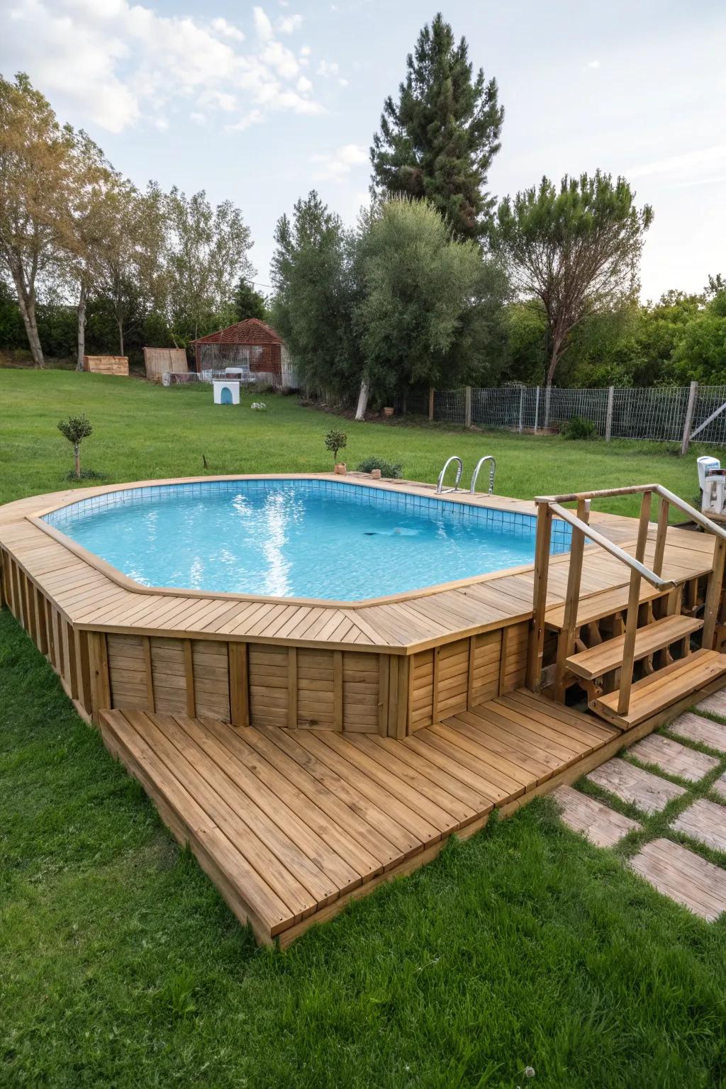 An above-ground pool enhanced with custom decking.