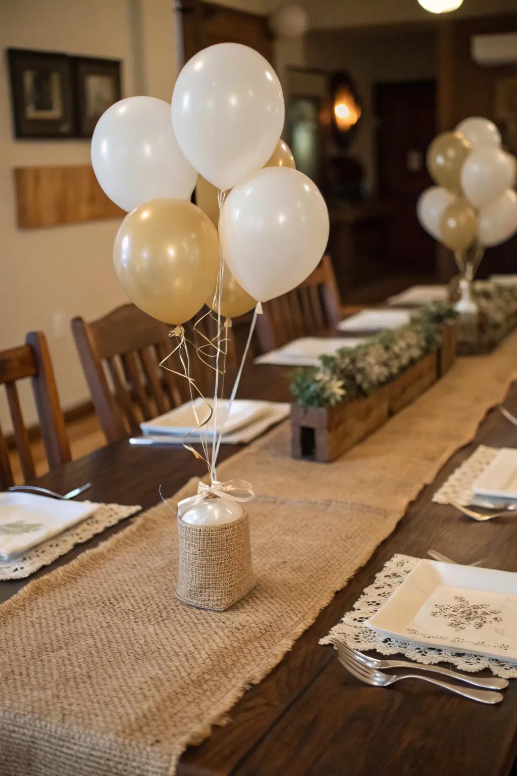 Countryside charm manifested through burlap and balloons bearing understated tones.