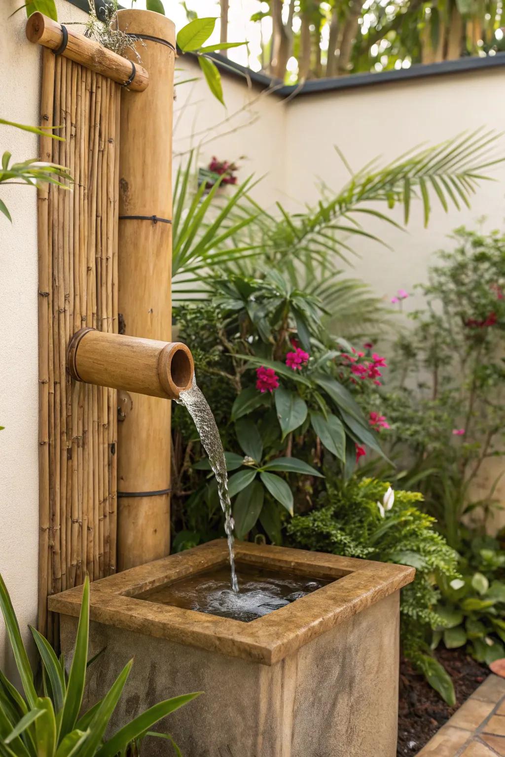 A space-efficient bamboo water feature mounted on a wall.