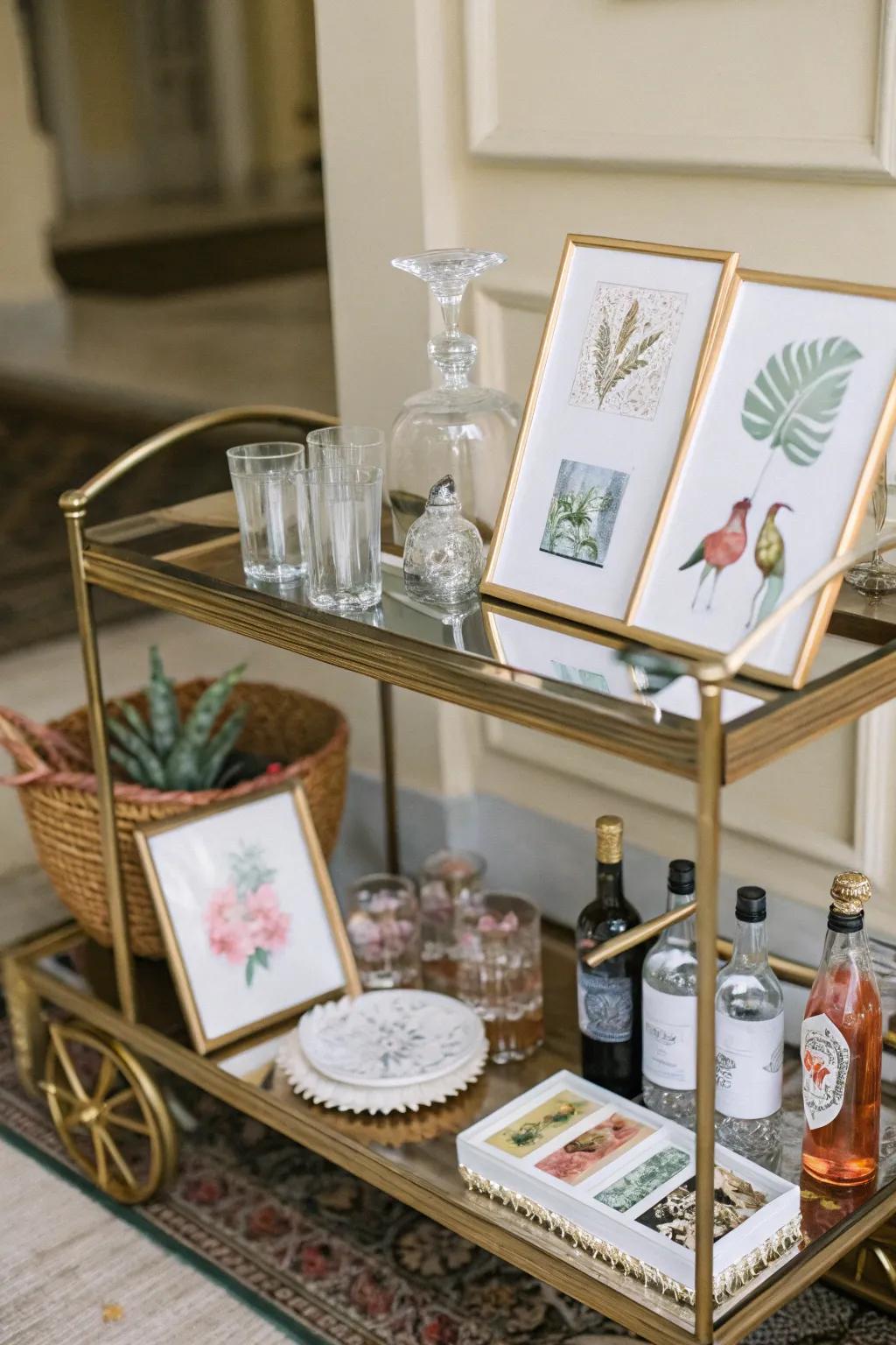 Artistic elements enhance the bar cart's aesthetic.