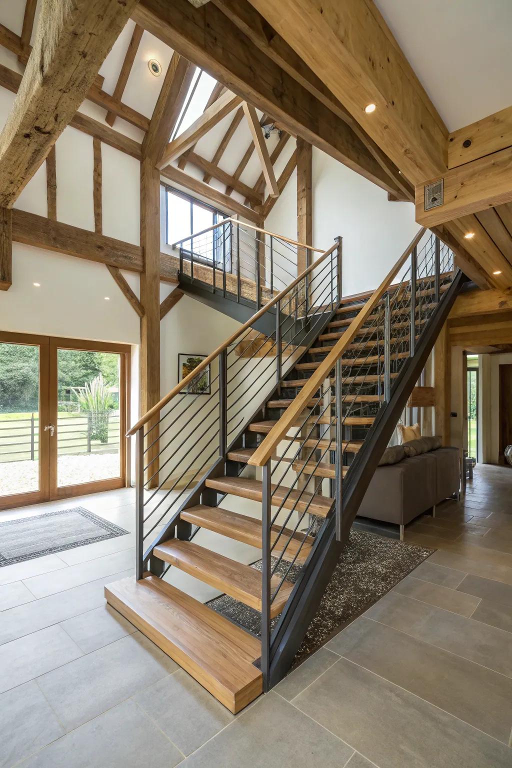 Sleek staircases add modern elegance to rustic spaces.