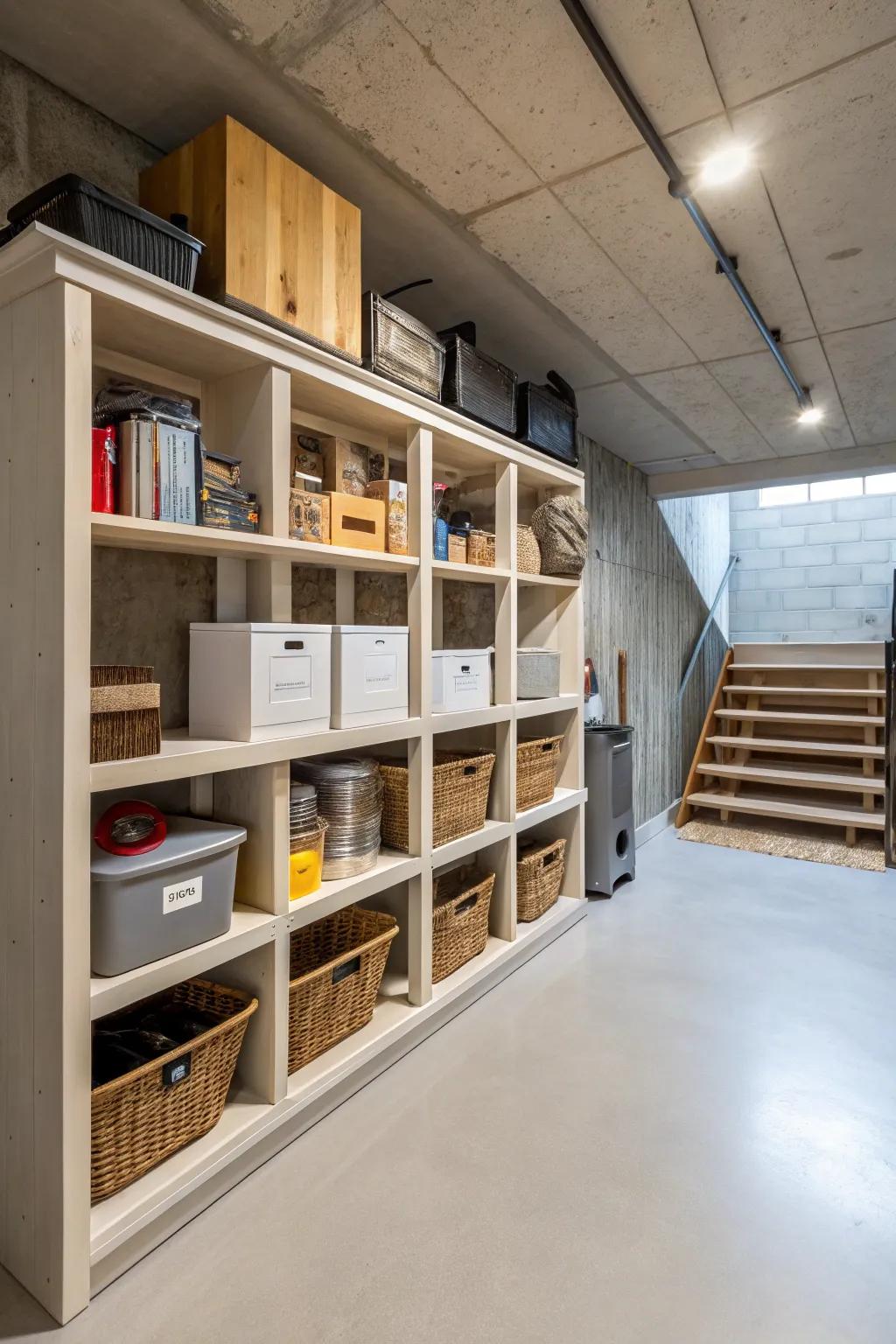 Basement featuring integrated shelving, presenting intelligent storage solutions.