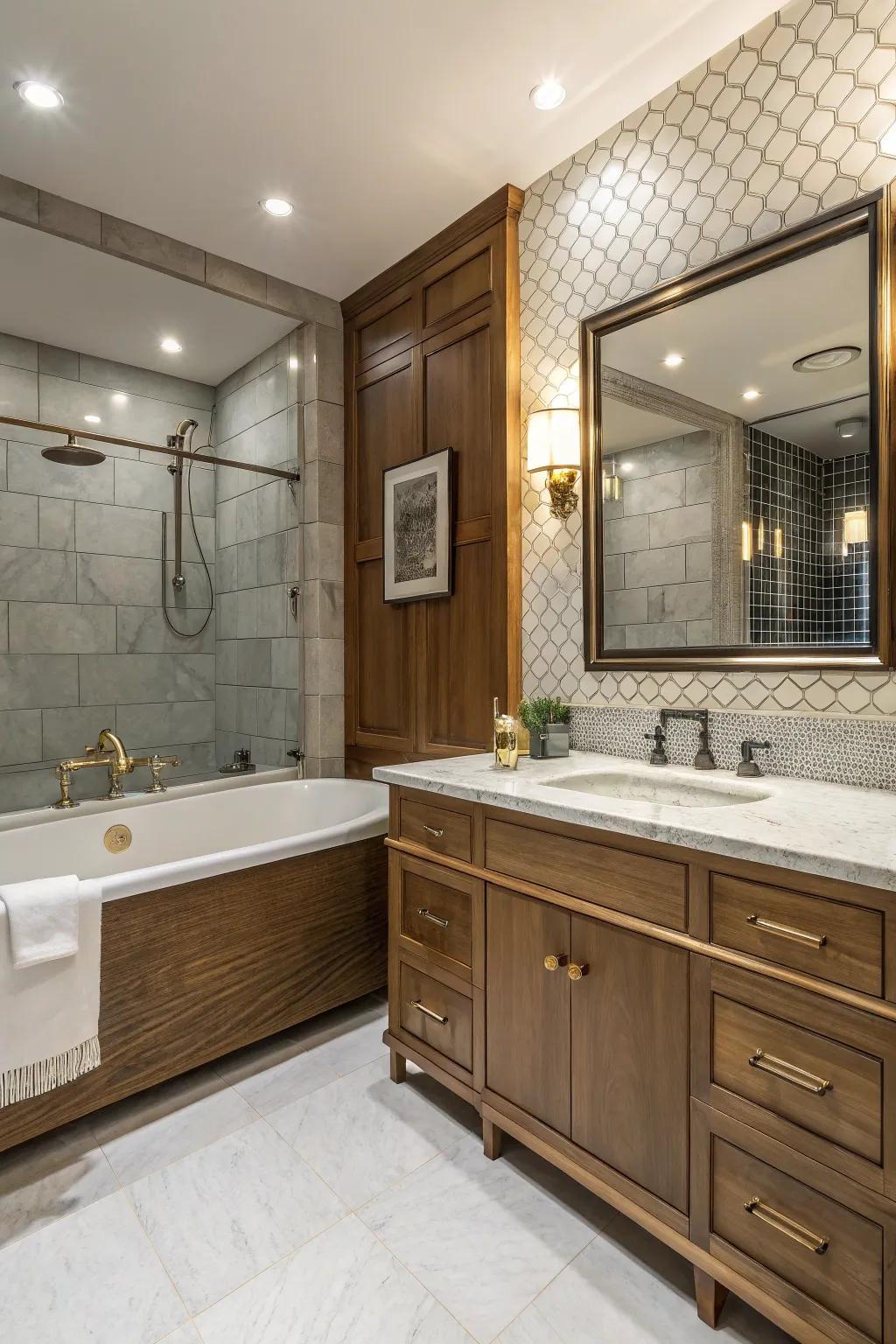 Mixed materials bring warmth and richness to the bathtub area.