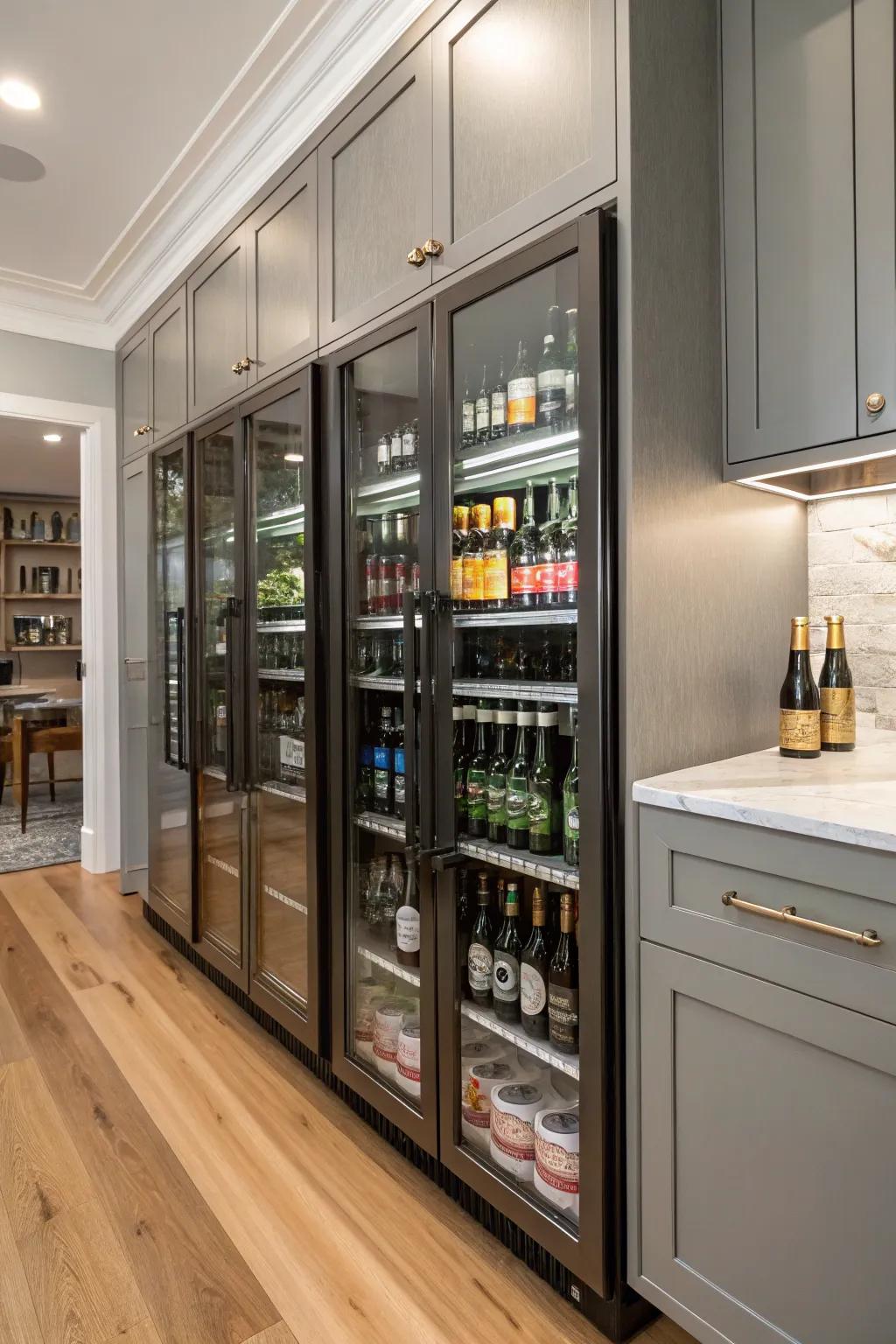 Custom-built kitchen cabinets designed for beer bottle storage.