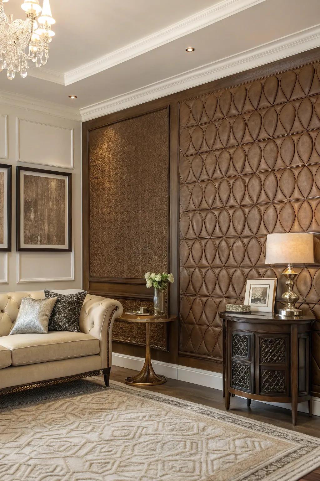 Sophisticated depth with a textured brown accent wall.