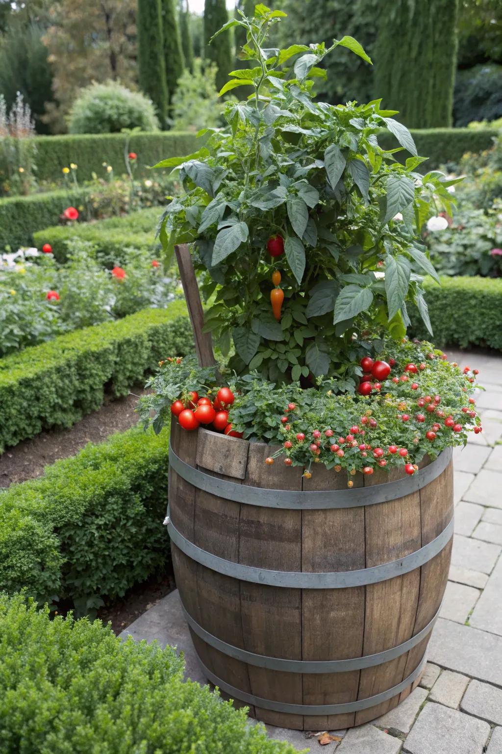 A bountiful harvest of vegetables growing in a whiskey barrel.