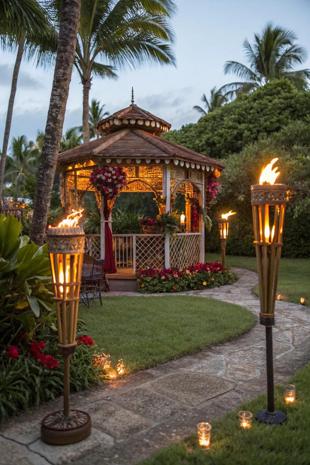 Tiki torches deliver a warm, tropical atmosphere ideal for summer nights.