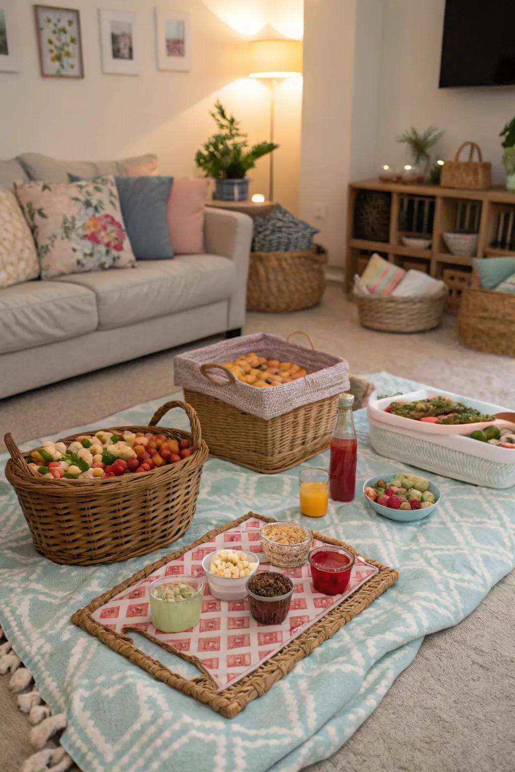 An indoor picnic offers a cozy and casual birthday experience.