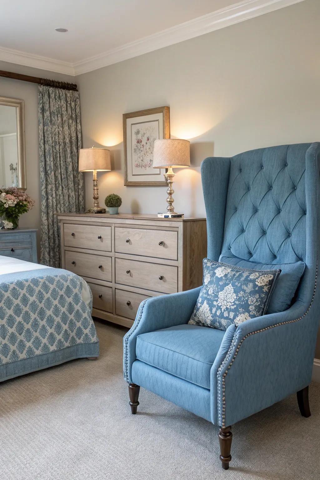 Blue furniture pieces offer stylish accents.