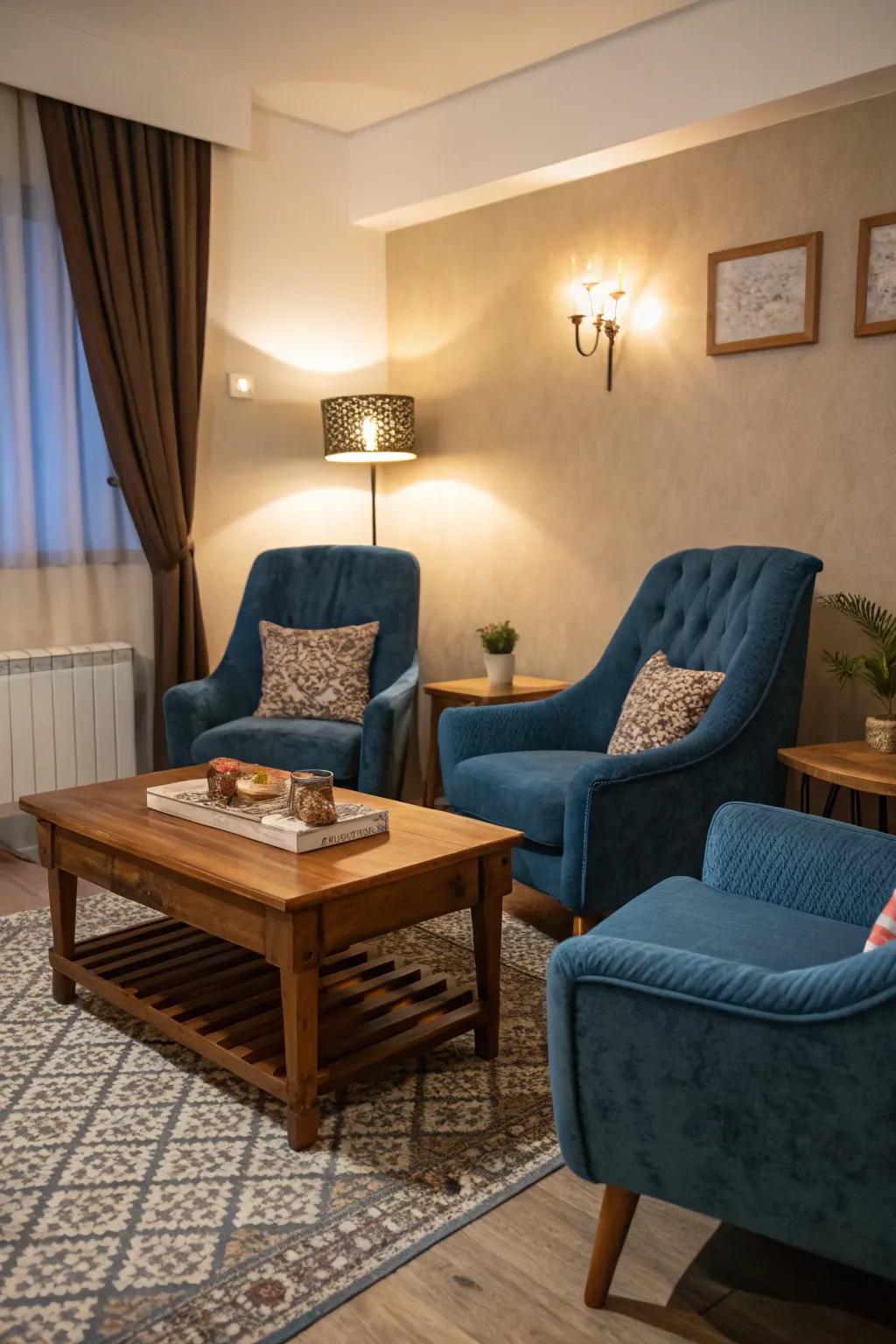 Blue velvet furnishings bring a sense of luxury and warmth to this elegant living room.