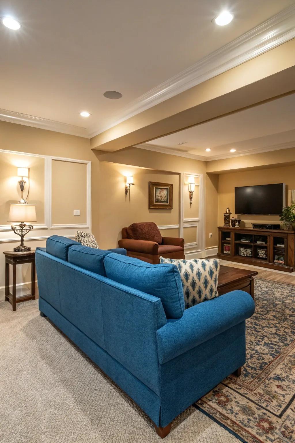 The color of the blue settee will stand out thanks to neutral walls.