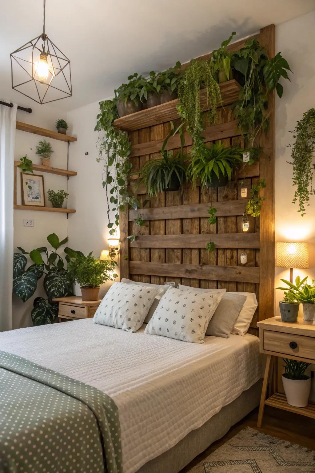 A living headboard with plants adds freshness and vitality to the space.