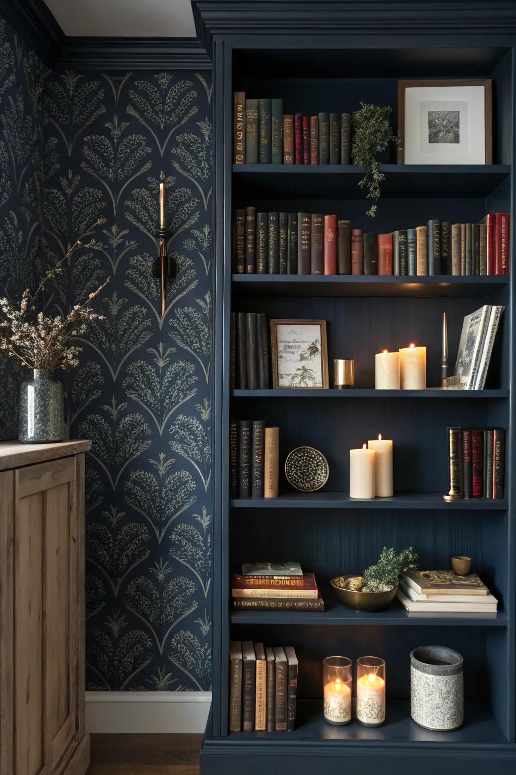 Bookshelf featuring profound navy wallpaper, projecting a sophisticated and striking aesthetic.