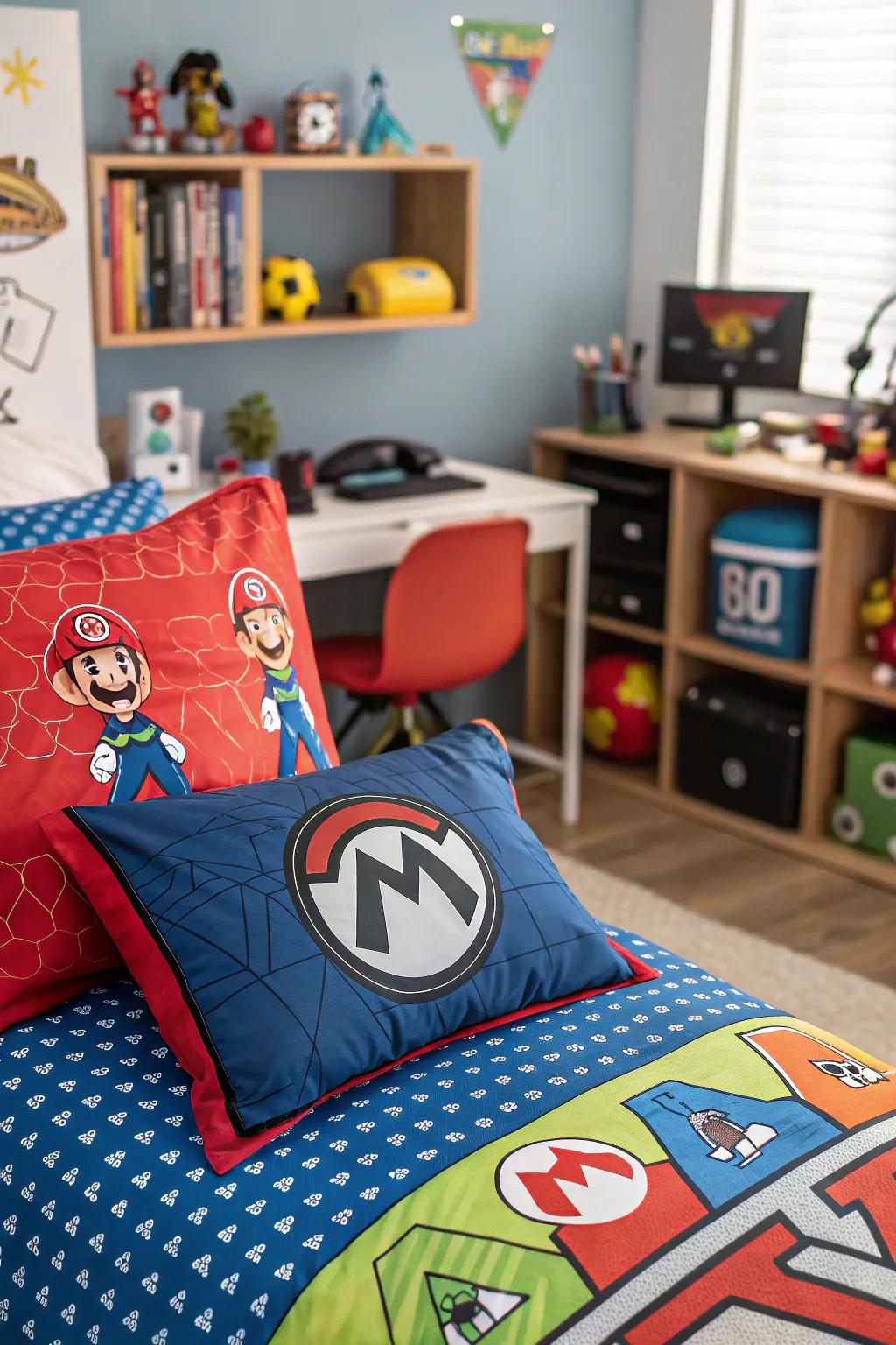 Gaming-themed bedding adds a playful touch to the room.