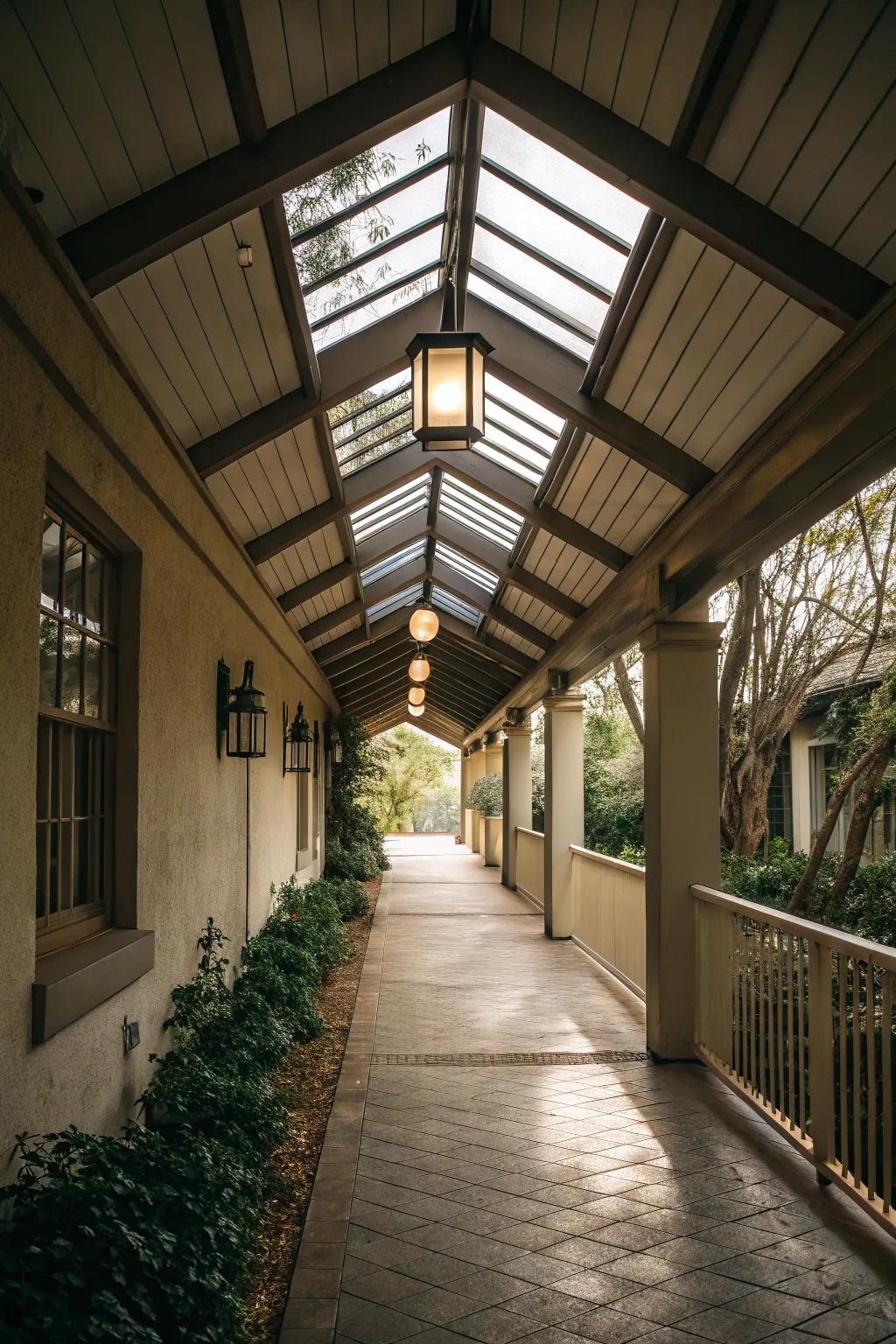 A covered breezeway with skylights that offers protection while staying light-filled.