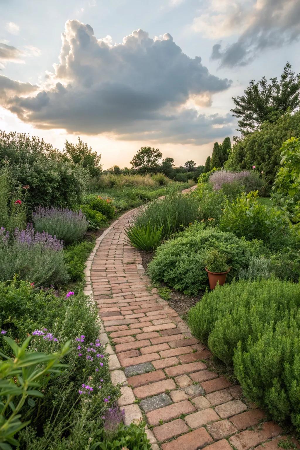 Brick stepping stones create inviting and playful garden paths.