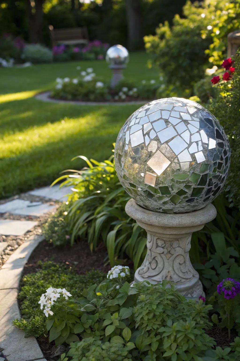 A gazing mirror ball adds enchantment to any garden.