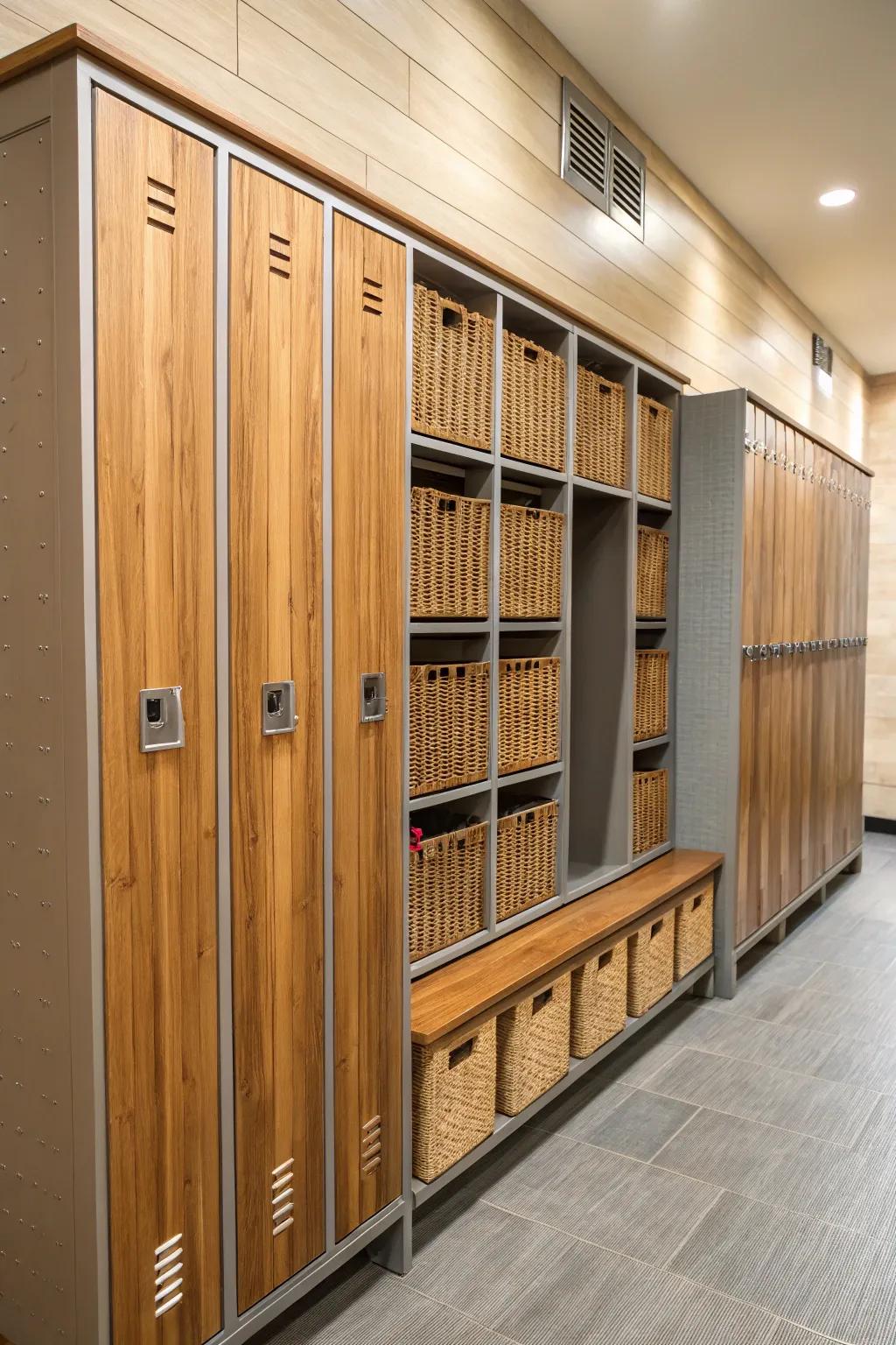 A stylish mix of materials in built-in lockers.