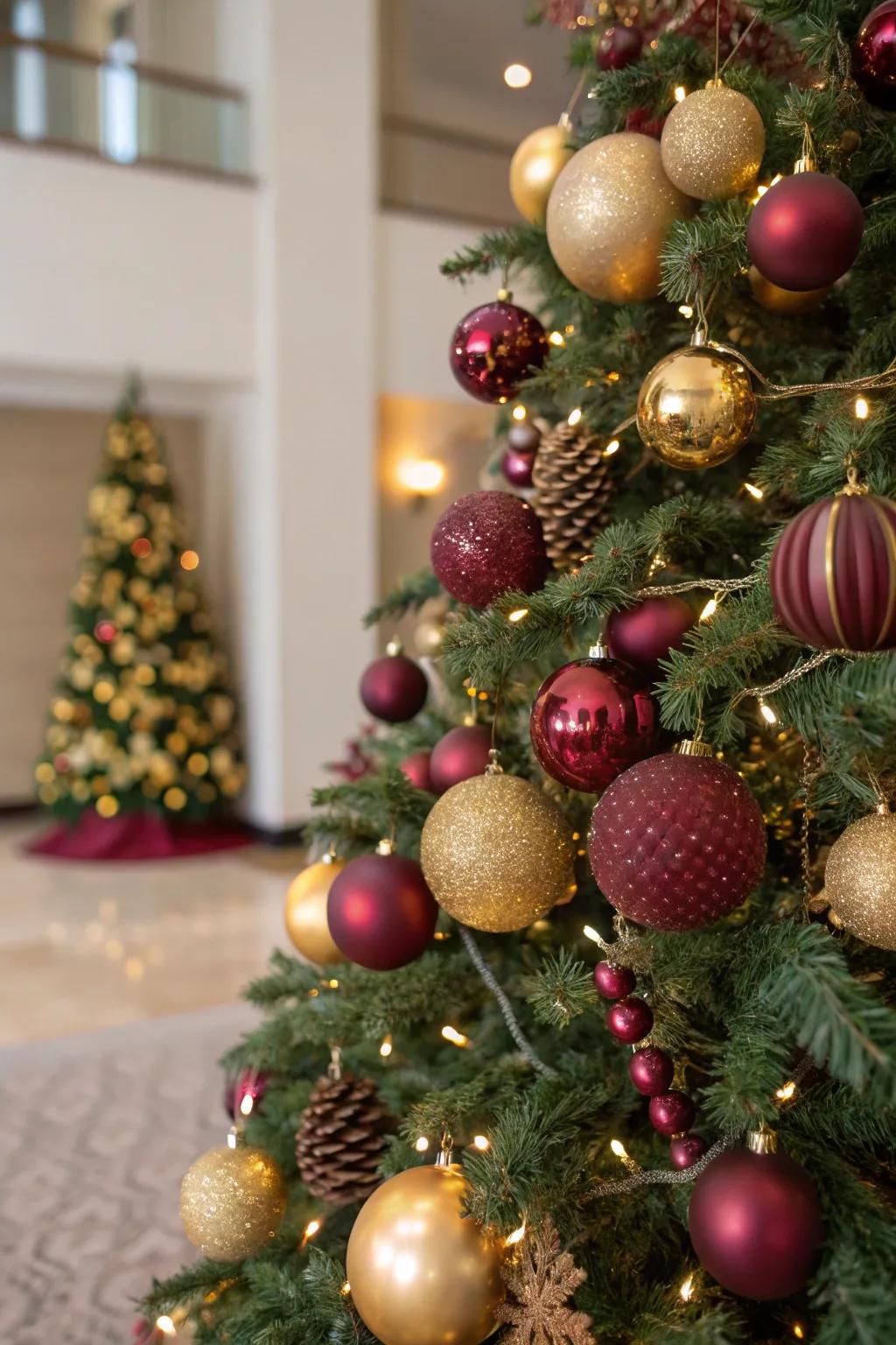 A mix of matte and shiny ornaments enhances the tree's elegance.