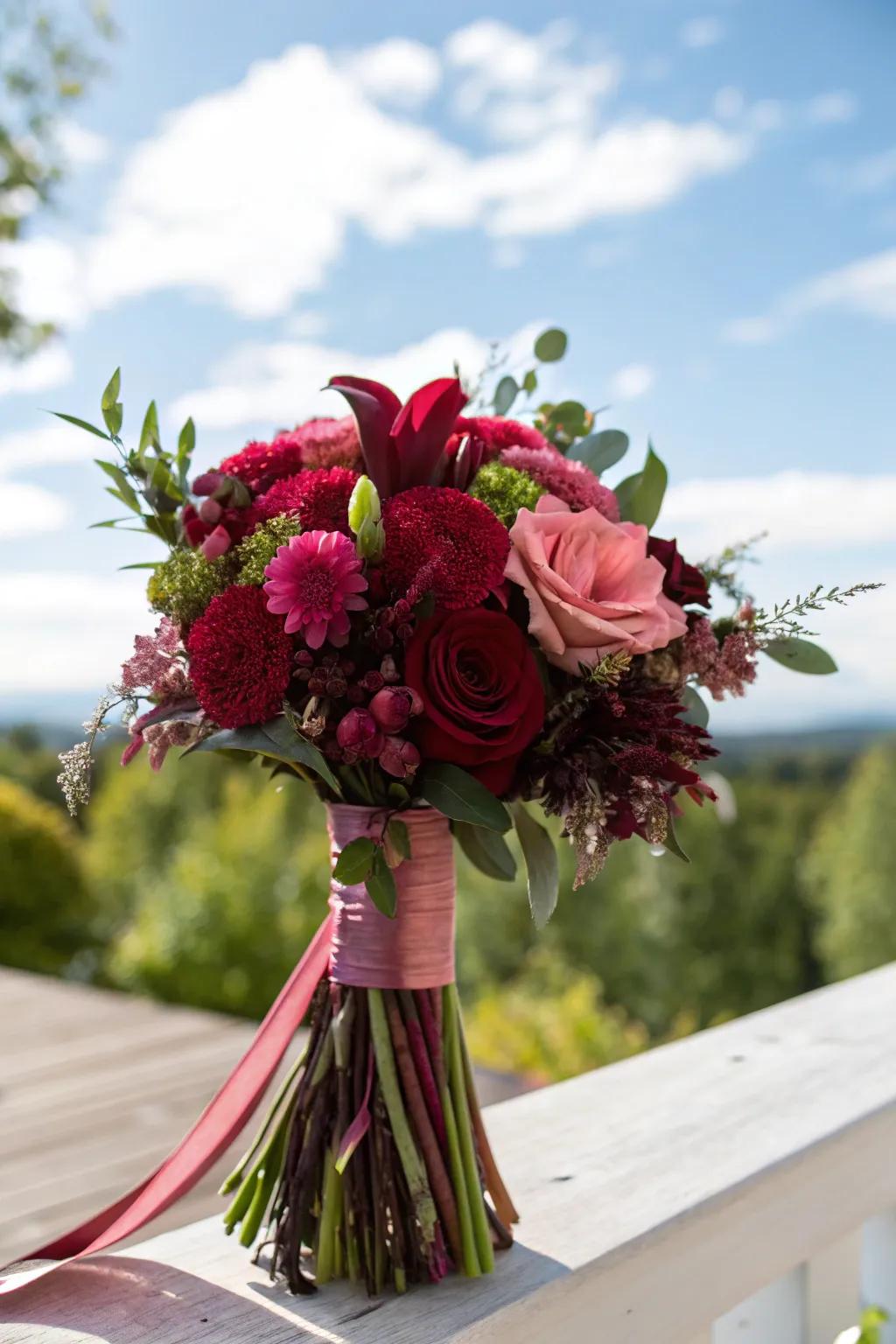 Burgundy bouquet with vibrant pink accents.