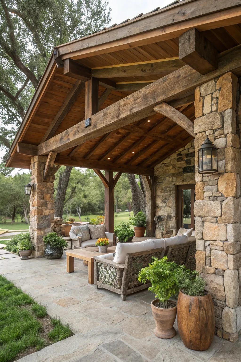 A cozy rustic cabana with natural materials.