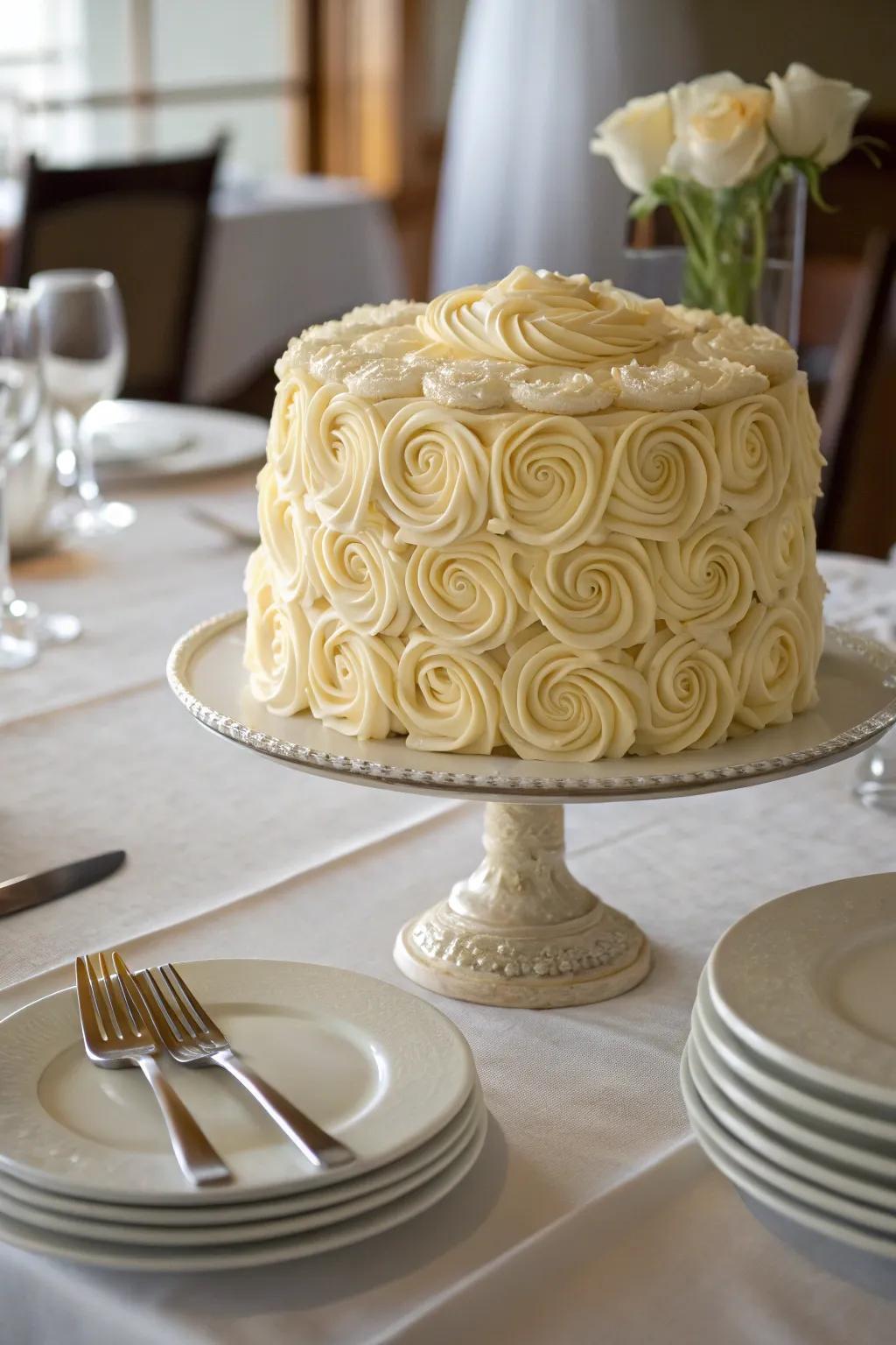 Timeless buttercream rosettes creating a garden-like cake