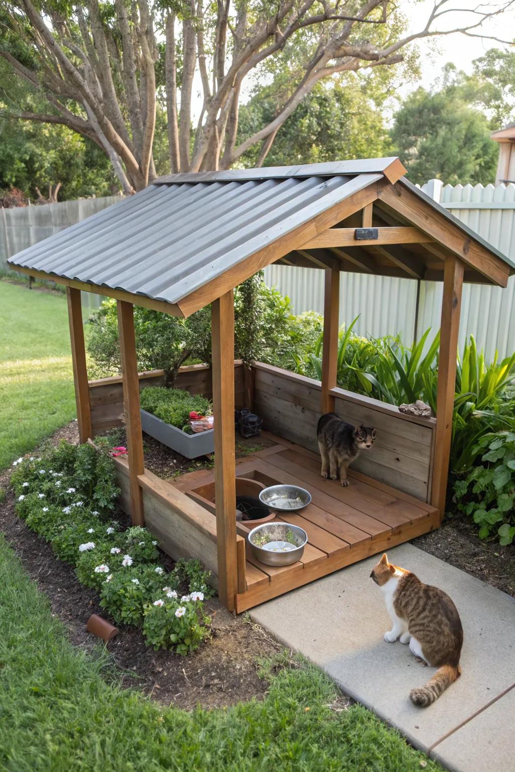 Provide a safe and dry dining space for outdoor cats with a sheltered station.