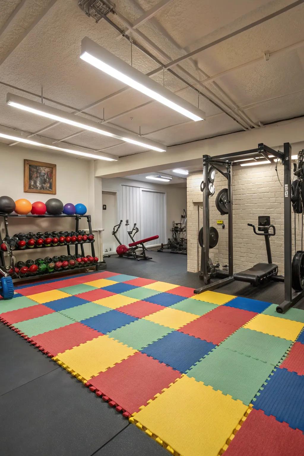 Rubber tiles offer a safe and comfortable flooring choice for basement gyms.