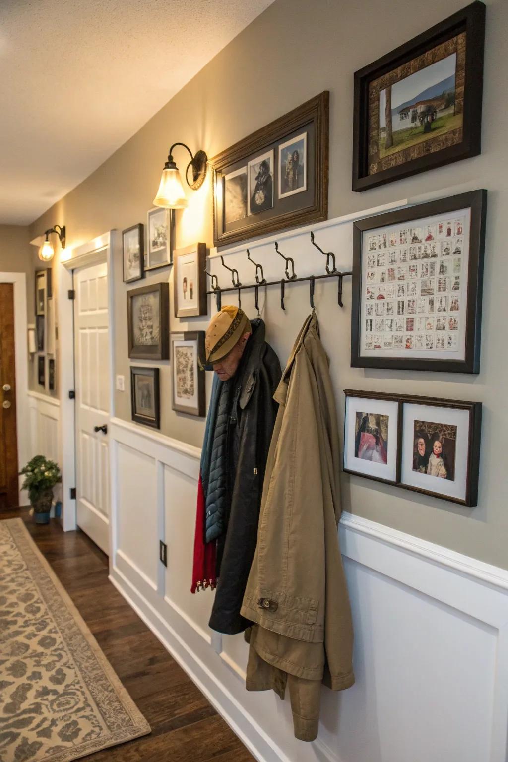 A gallery wall showcasing incorporated coat mounts for an individualized and artistic foyer.