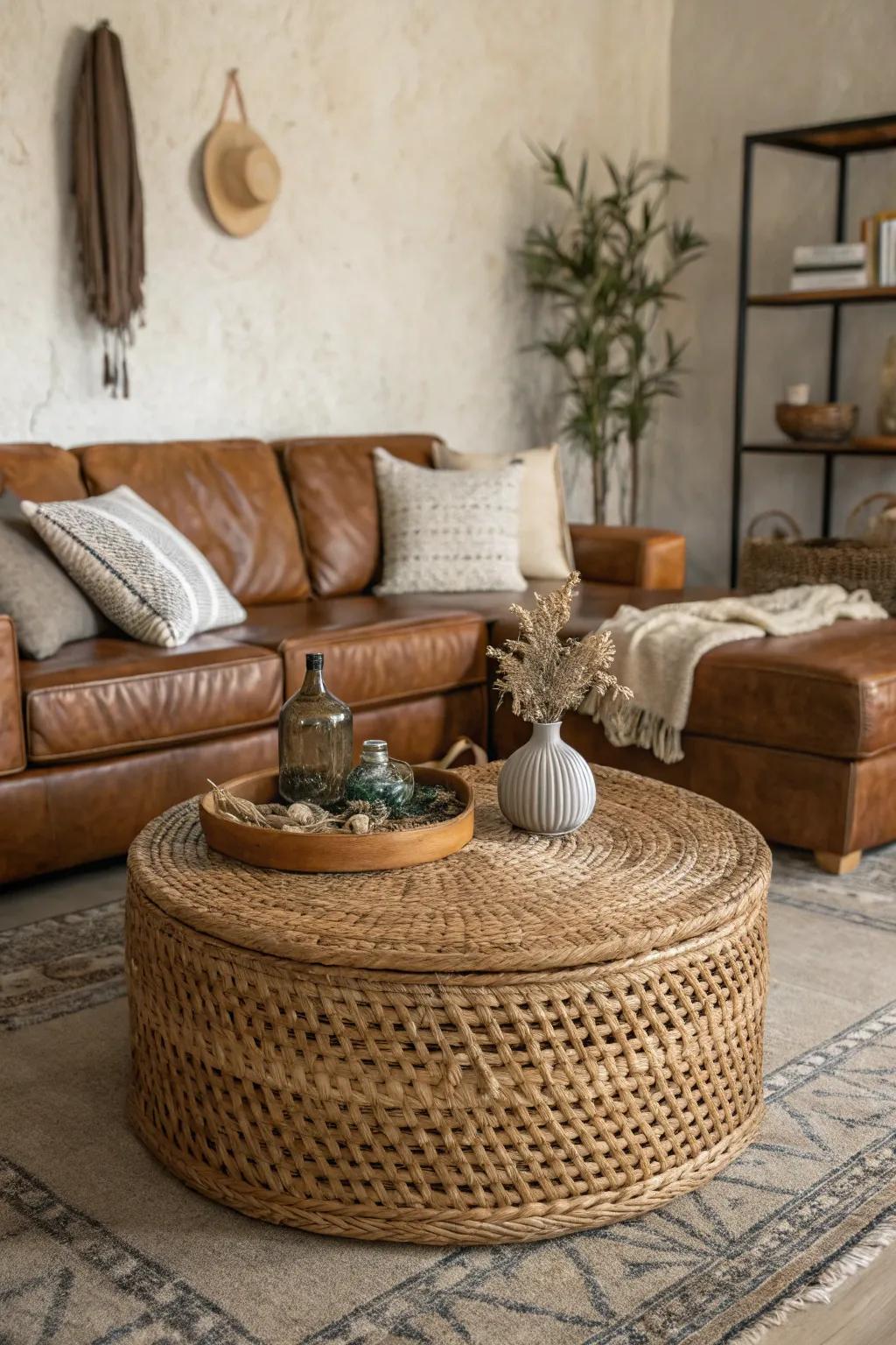 A woven coffee table adds texture and warmth to a sleek leather sectional.