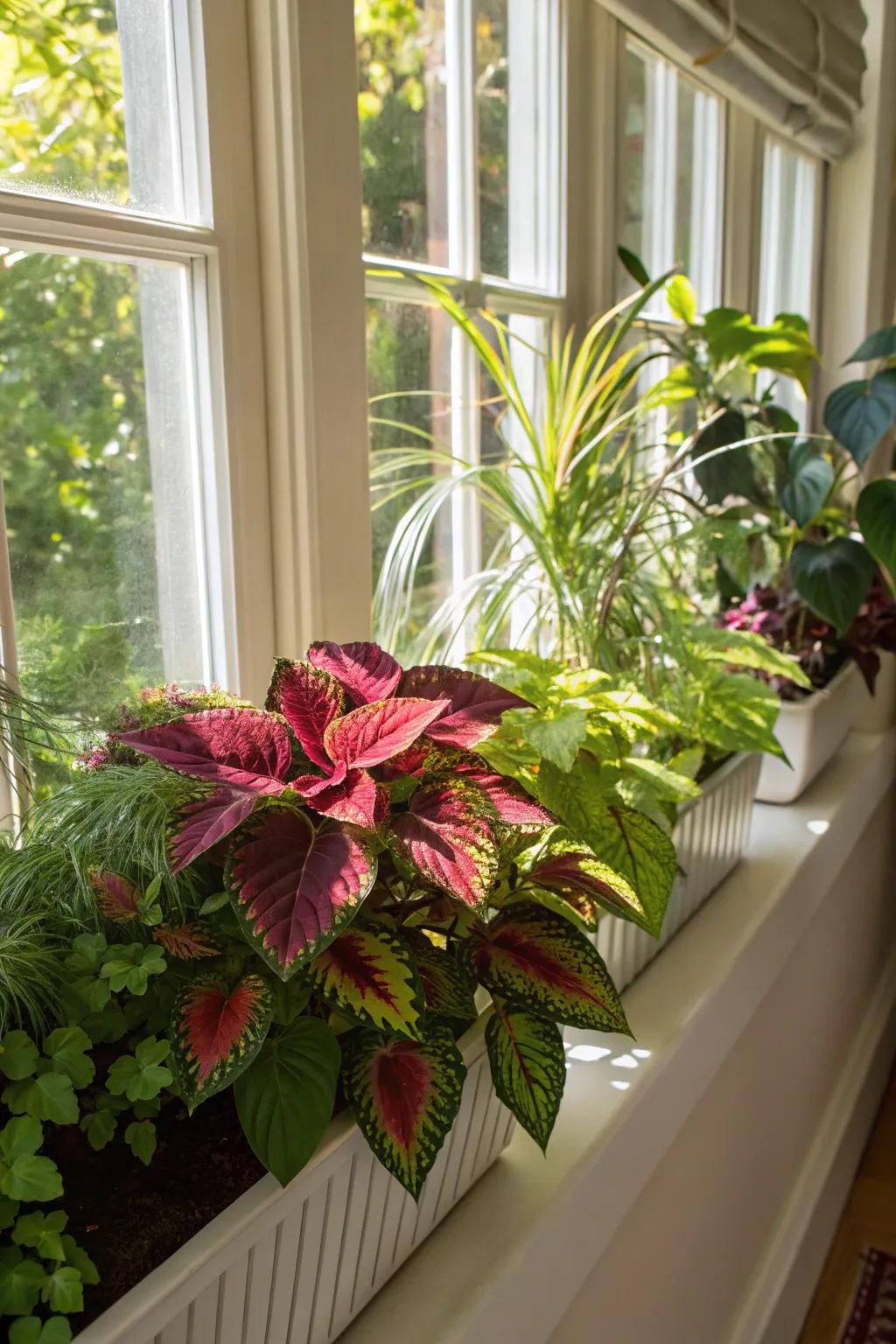 Exotic foliage merged with painted nettle crafts an exotic window presentation.