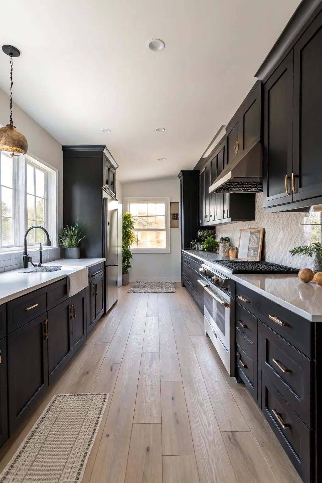 A kitchen with dark cabinets and light wood flooring for a bright and airy ambiance.