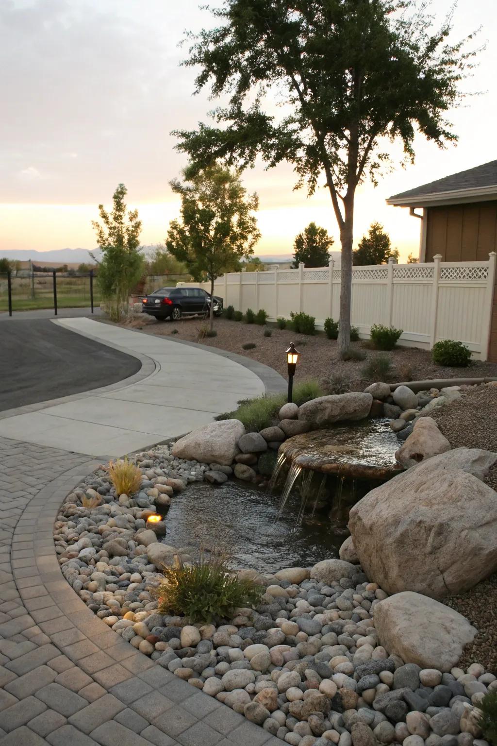 An enchanting water element amplifying the driveway's ambiance.